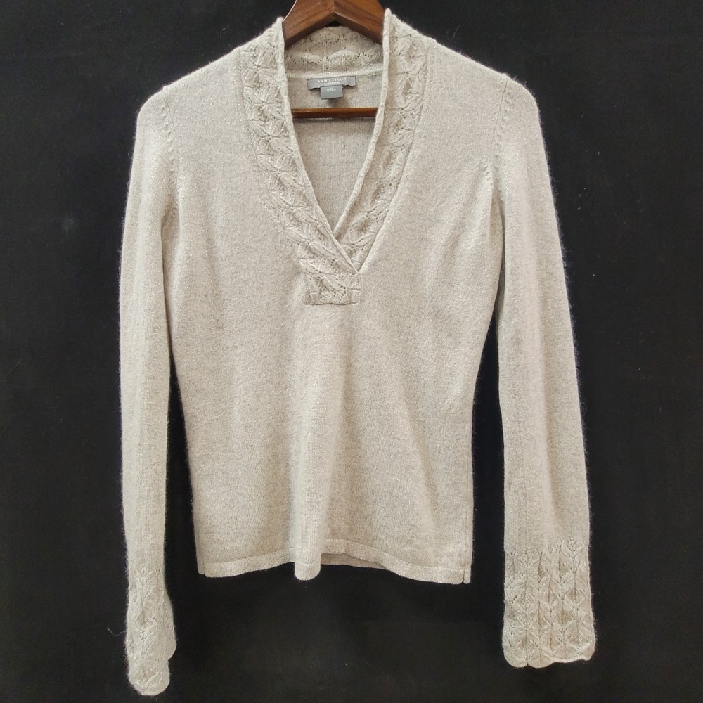 Ann Taylor Womens Metallic Cashmere Blend Sweater Size XS Cream V Neck Soft